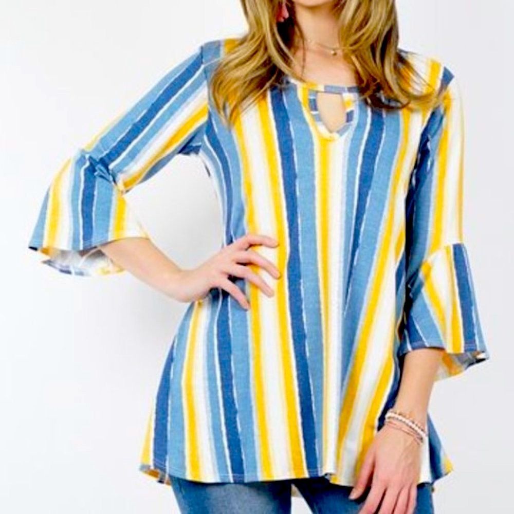 42pops Boho Top Rayon Multi-Stripe Small Stretchy Keyhole Neck Bell-Sleeve Tunic